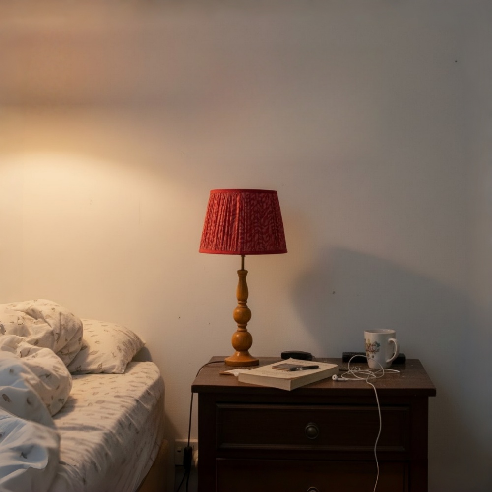 Kundenfoto der Grainora Tischleuchte eingeschaltet am Bett