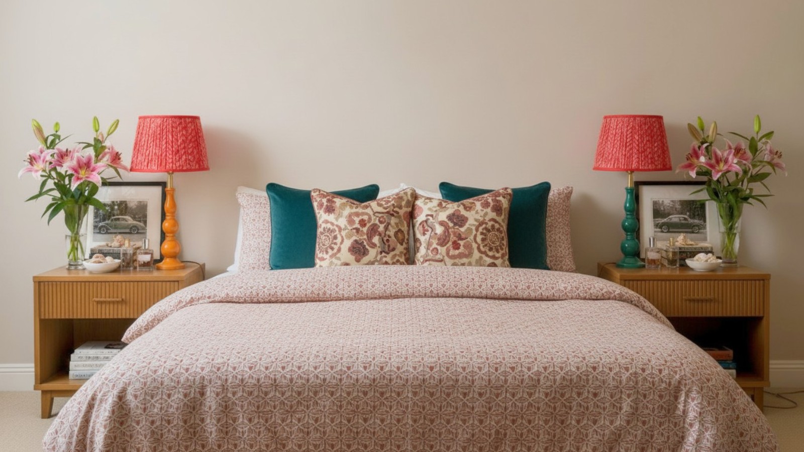 Grainora Tischleuchte auf Nachttischen in einem Schlafzimmer