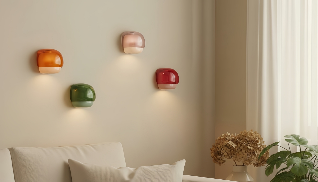 Clinco farbige Glaswandleuchten an einer Wand