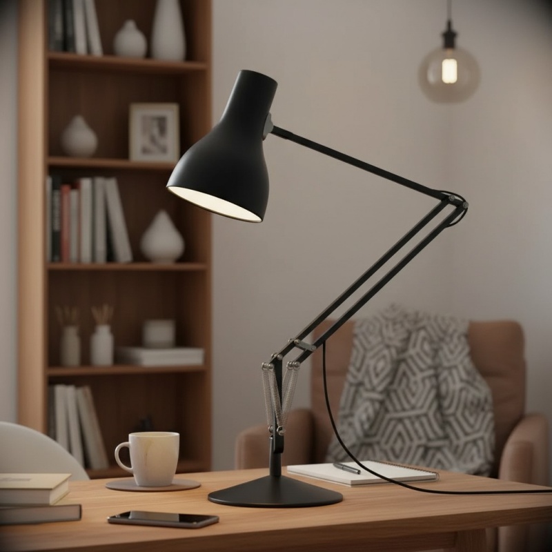Kundenfoto der schwarzen Modryx Lampe auf einem Schreibtisch
