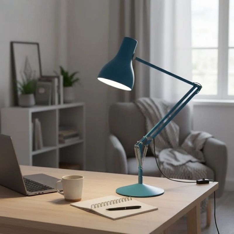Kundenfoto der blauen Modryx Lampe im Home Office