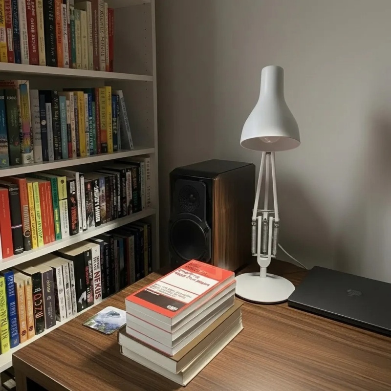 Kundenfoto der weißen Modryx Lampe neben Büchern