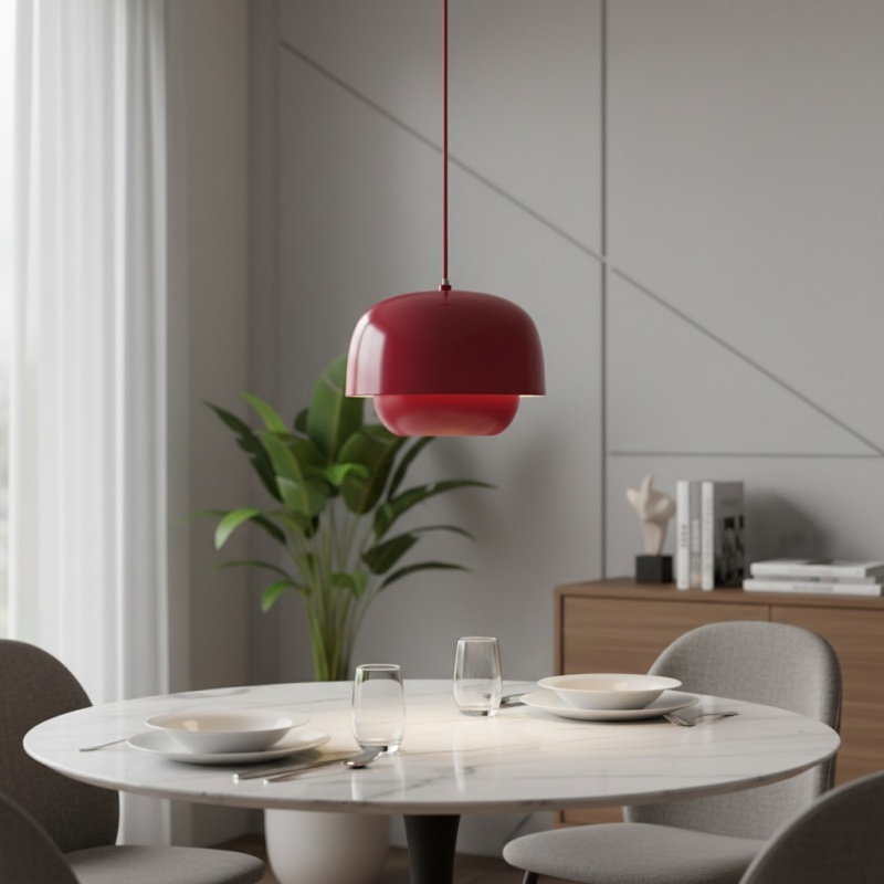 Kundenfoto mit roter Clinco Pendelleuchte im Essbereich