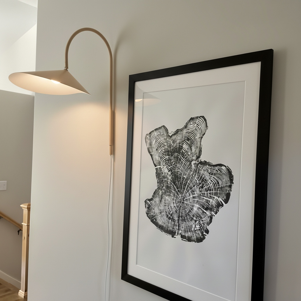 Kundenfoto der Swivora Wandleuchte neben gerahmter Kunst