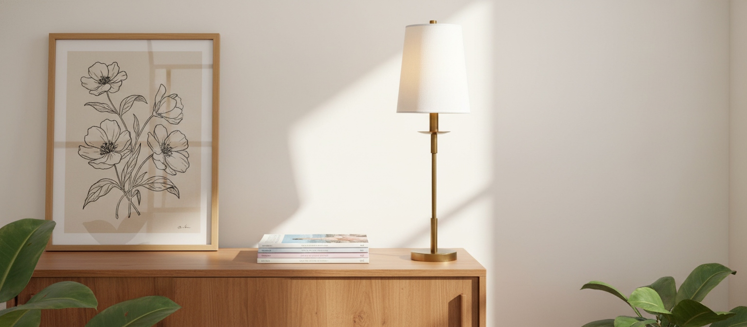 Rowan Tischlampe auf einer Holzkommode in hellem Raum