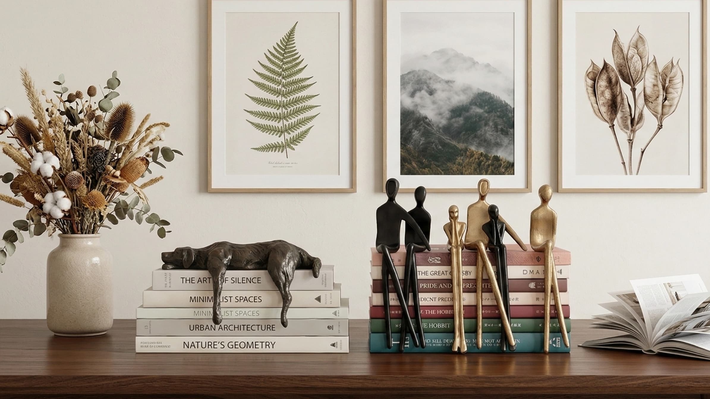 HomeDecor-Serie mit dekorativen Figuren auf einem Sideboard
