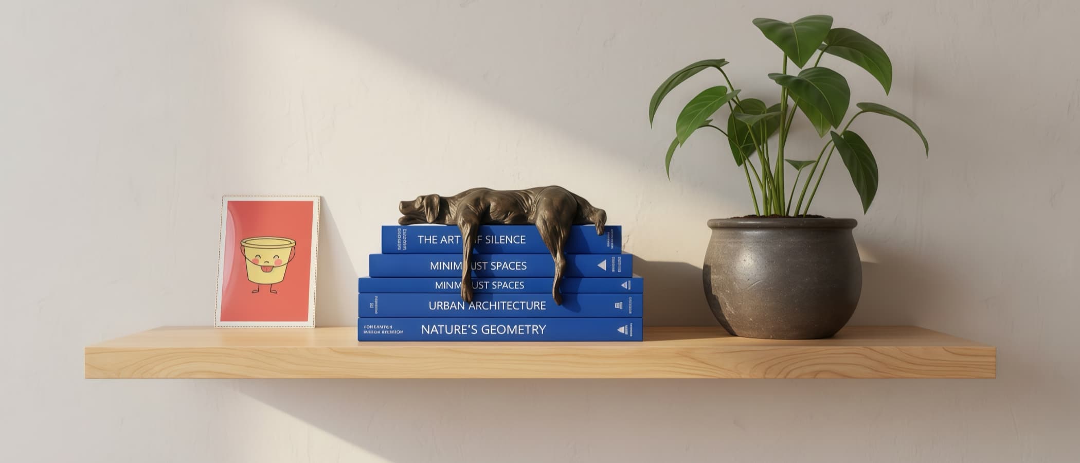 Floxo Figurinen auf einem Regal mit Büchern und Pflanze