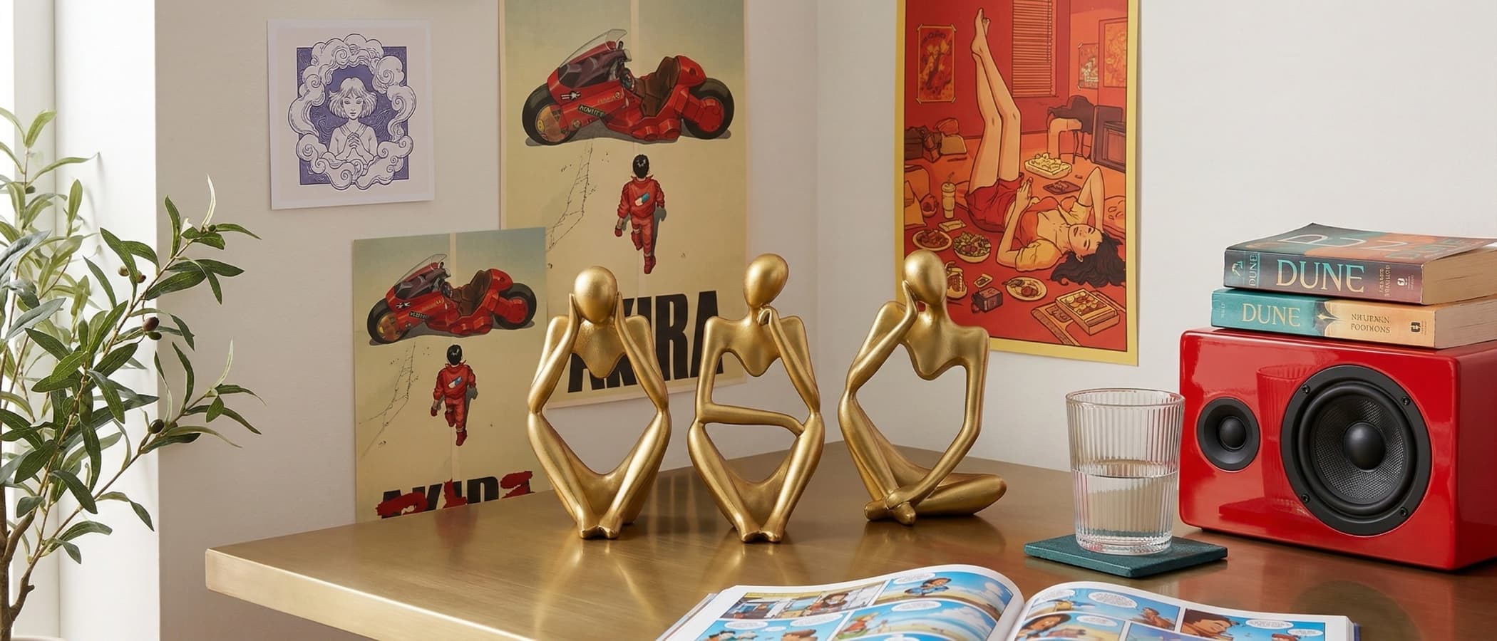 Goldene abstrakte Figurinen auf einem modernen Schreibtisch