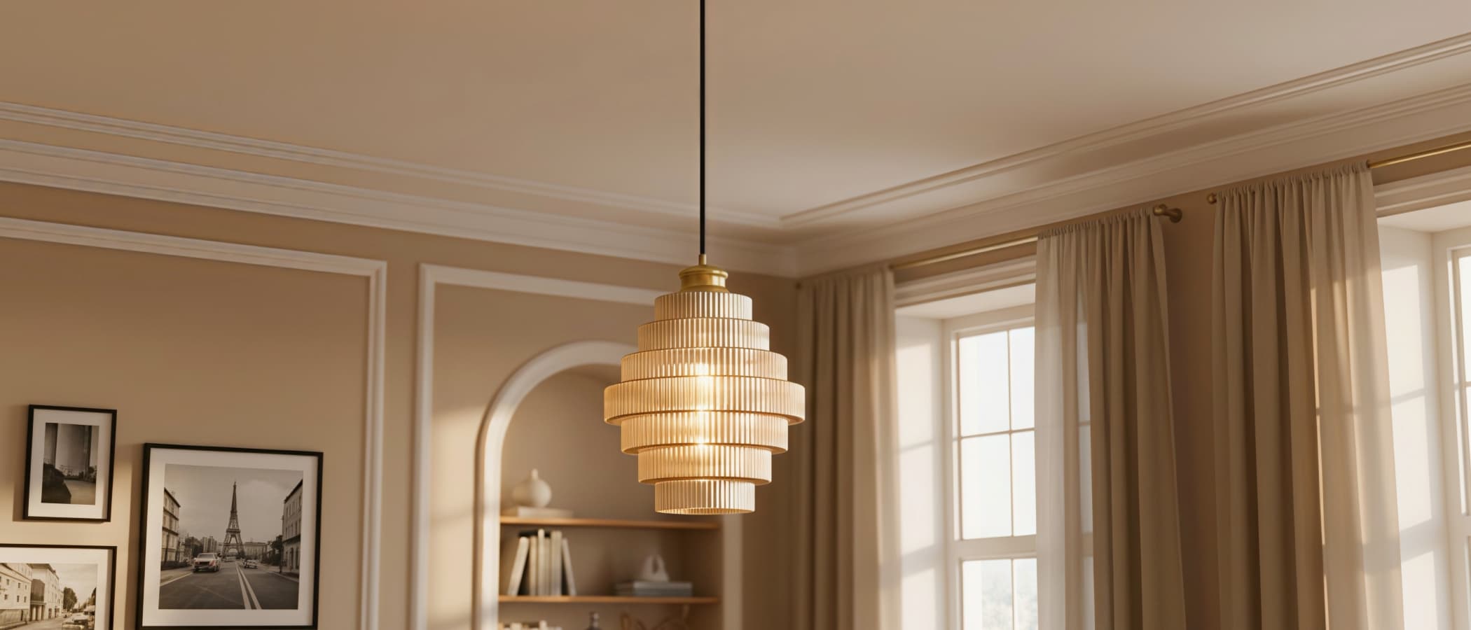 Bottis pendant light displayed in a warm living room setting