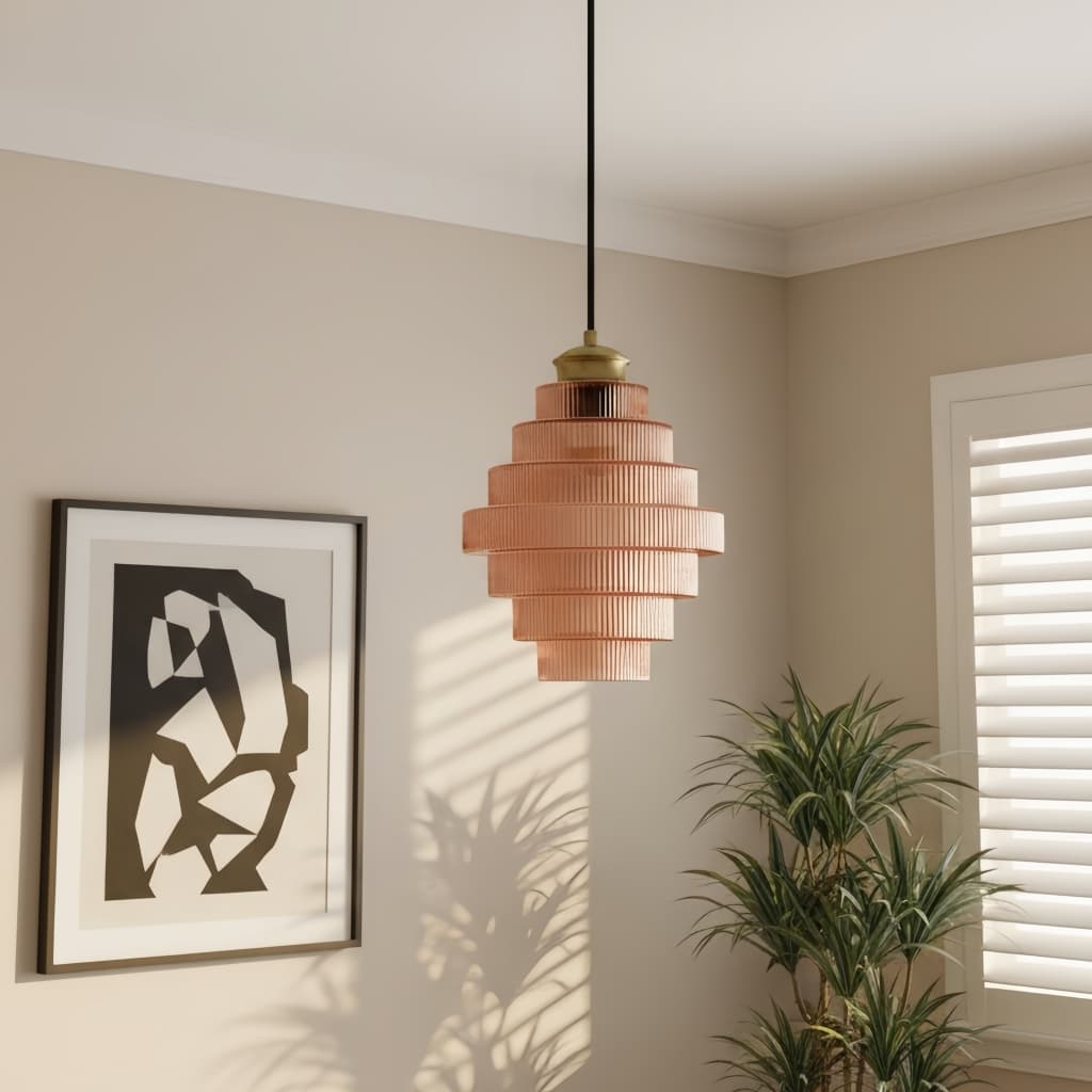 Pink Bottis pendant light styled beside wall art
