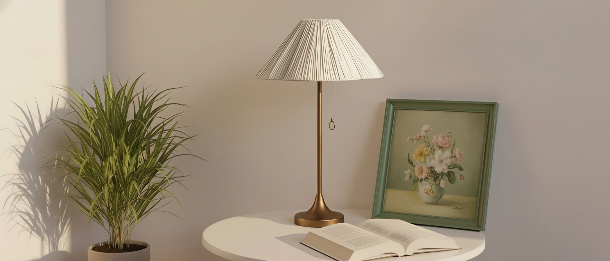 Blossine Tischlampe mit plissiertem Leinenschirm