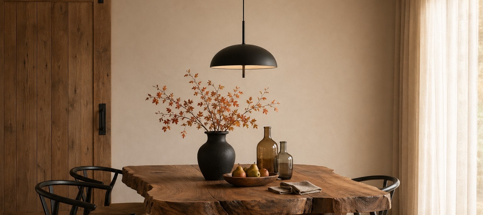 Contemporary round pendant light above a rustic dining table