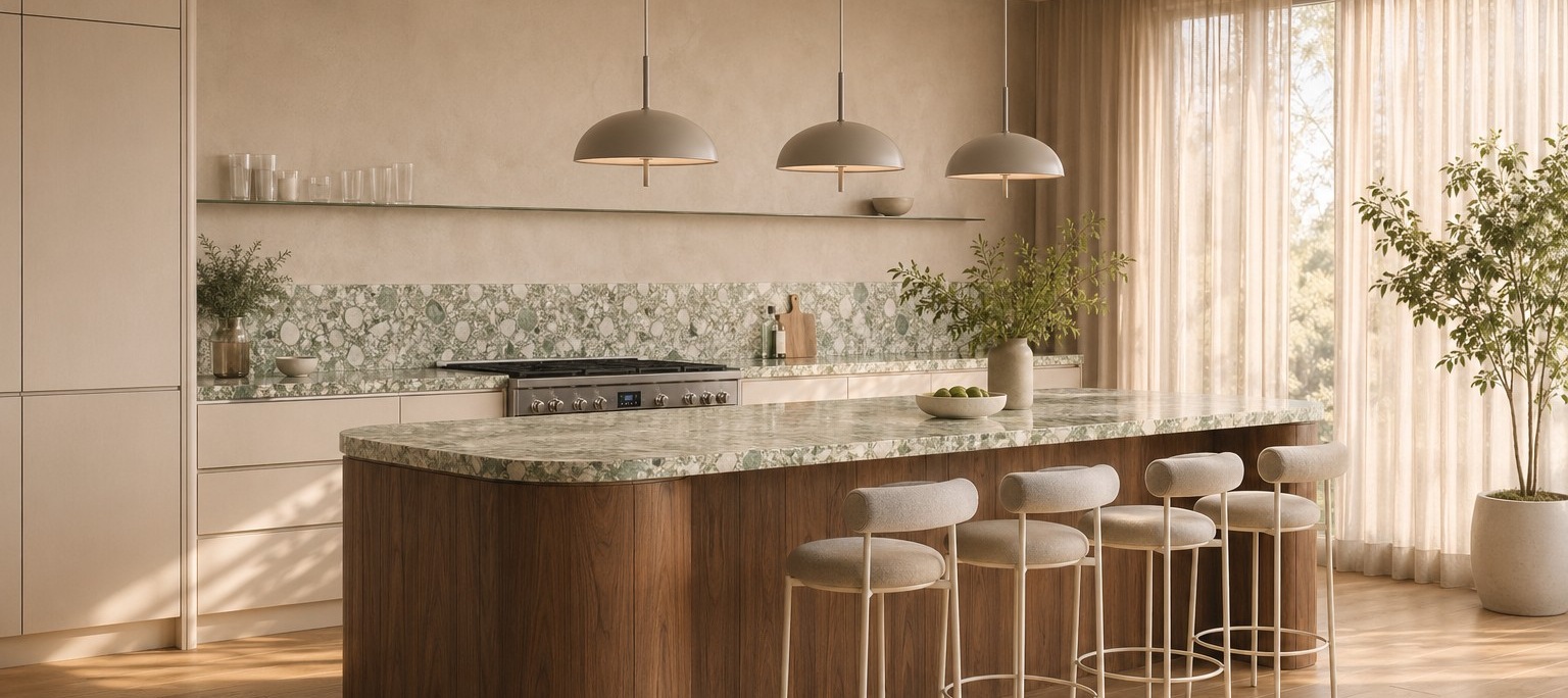 Contemporary glass and metal pendant lamp in a warm interior scene