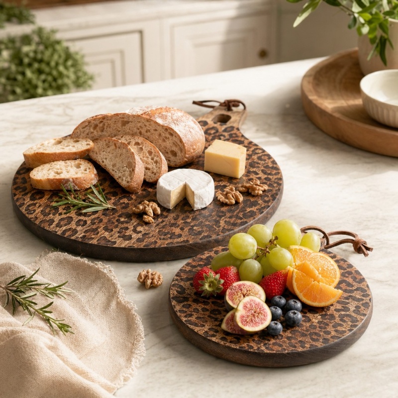 Leopard-Holzbretter mit Brot, Käse und Obst
