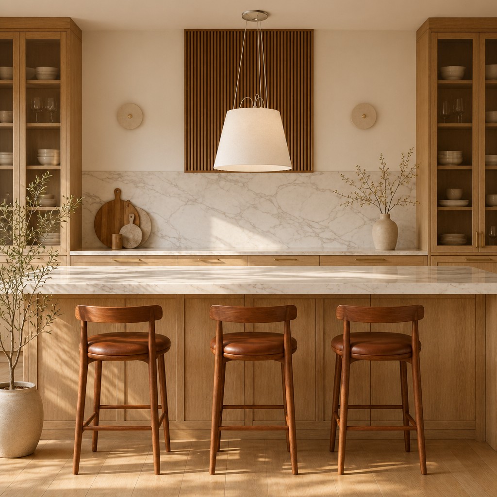 Light fabric shade pendant lamp over kitchen island