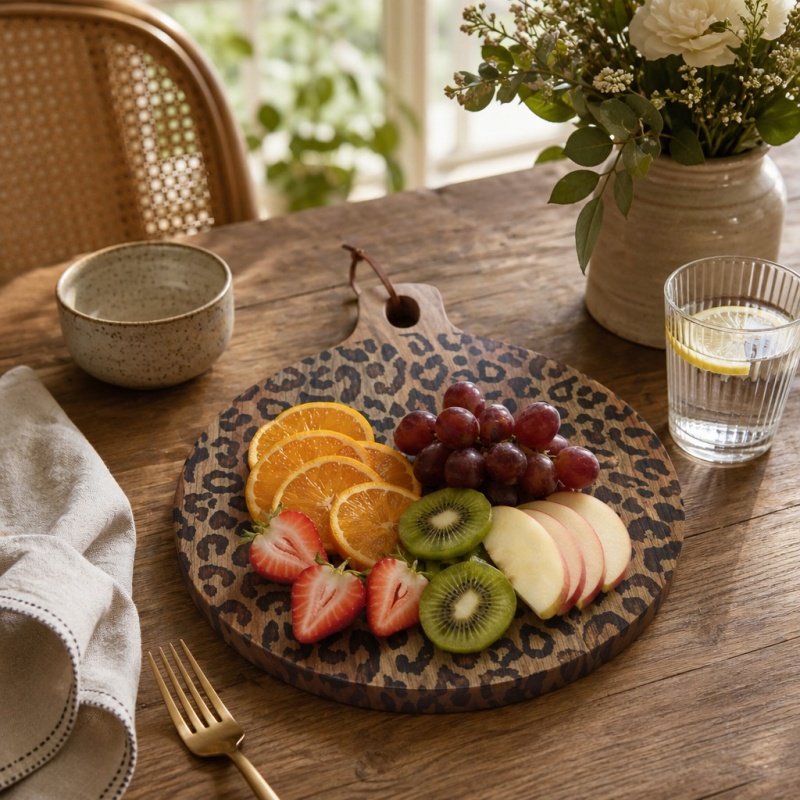 Leopard-Holzbrett mit frischem Obst