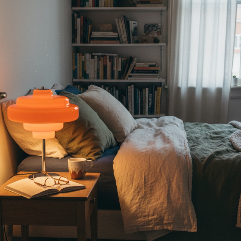 Orangefarbene Lampe neben einem Bett