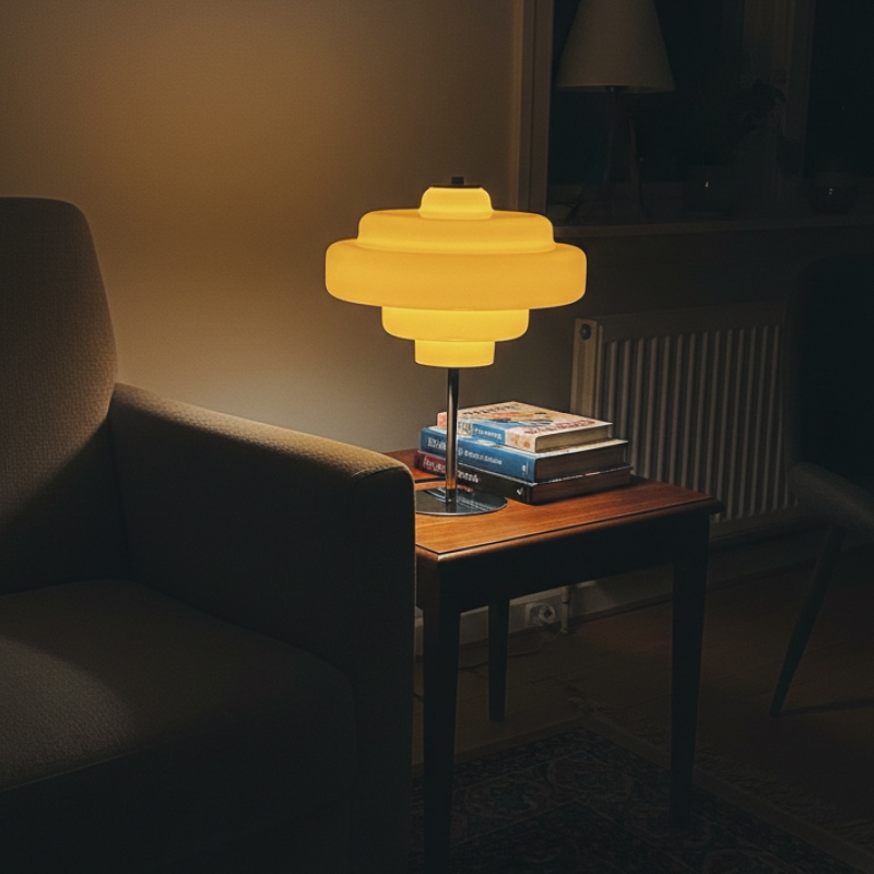 Gelbe Tischlampe auf einem Nachttisch