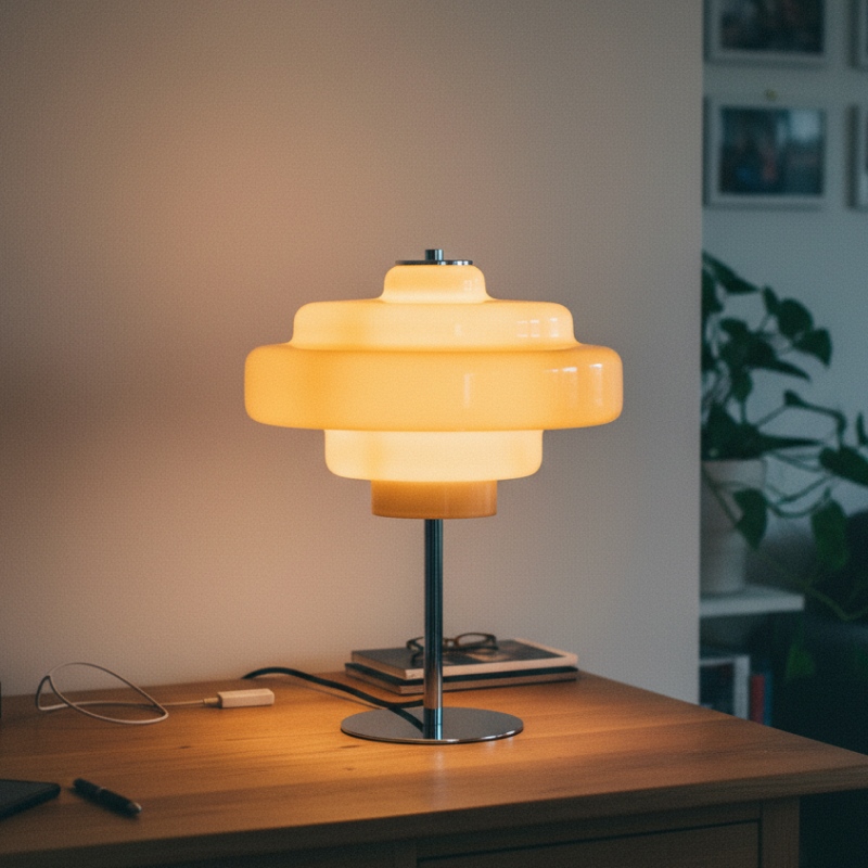 Leuchtende Glaslampe auf einem Tisch