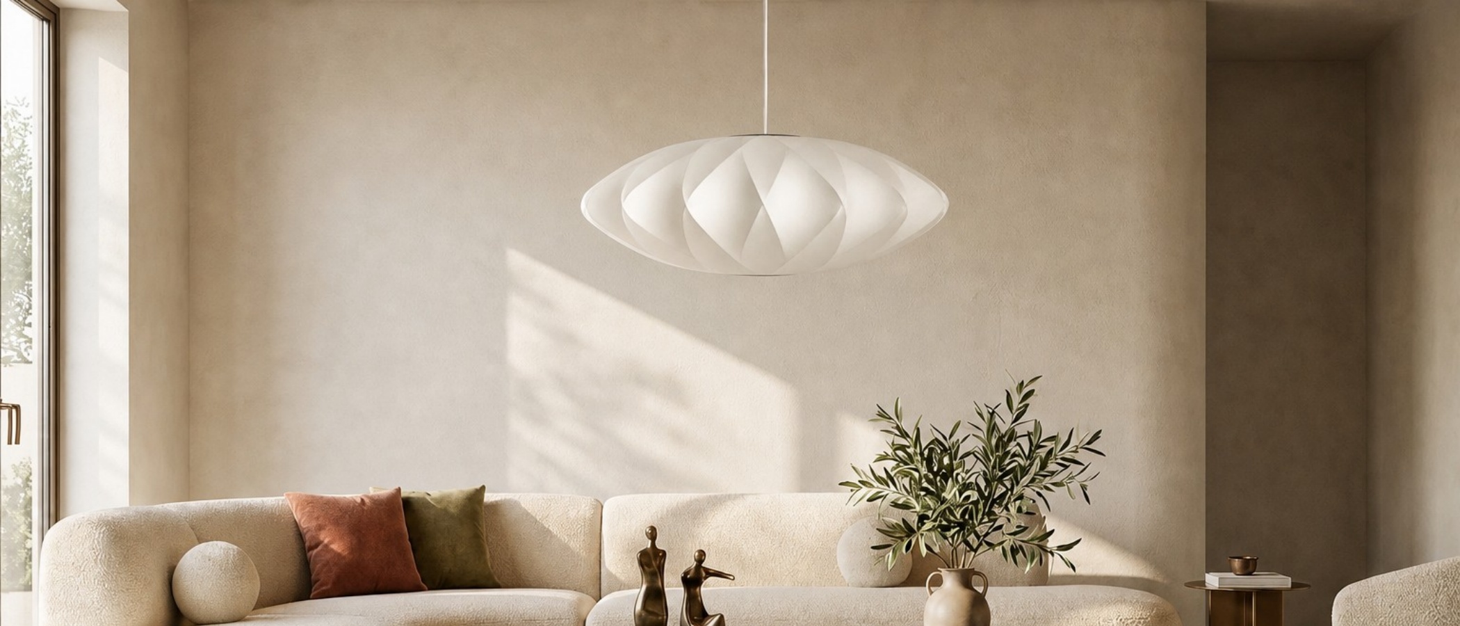 Zeitlose weiße Seiden-Pendelleuchte in ruhigem Interieur
