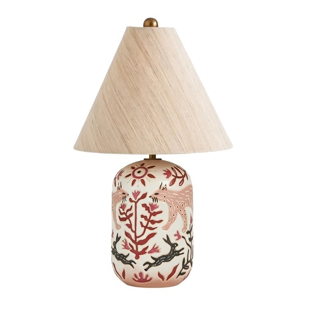 Ceruna Tischlampe mit bedrucktem Keramiksockel und Leinenschirm