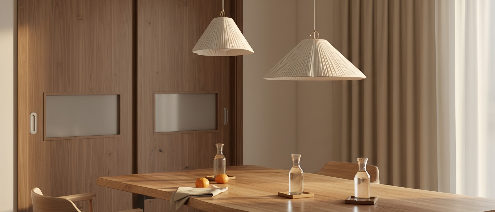 Blossine Scalloped Linen Shade Pendant Light in a dining room