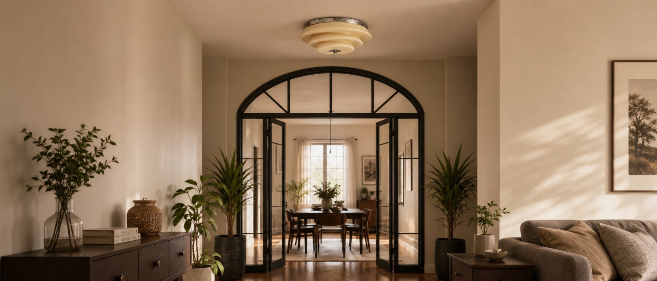 Mallew Deckenleuchte in einem warmen Wohn- und Essbereich