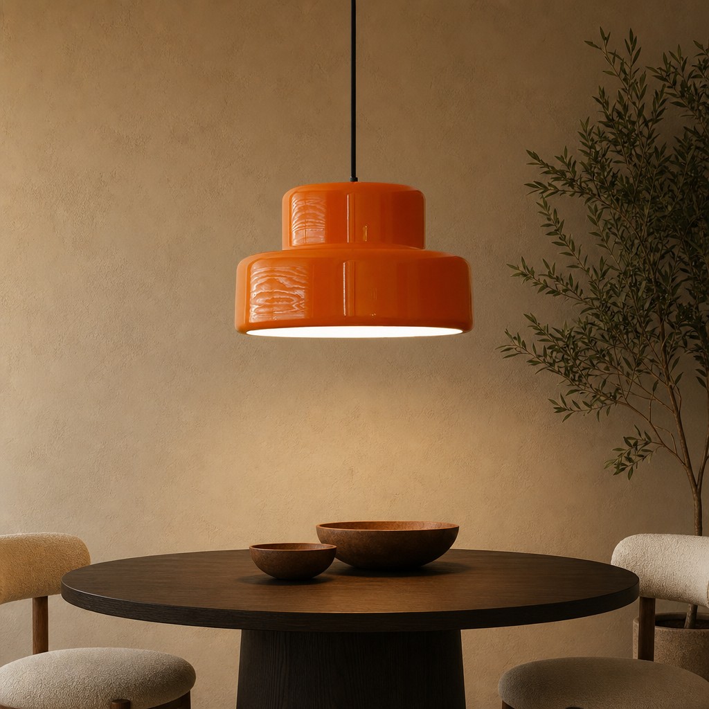 Orange Pendelleuchte über rundem Tisch