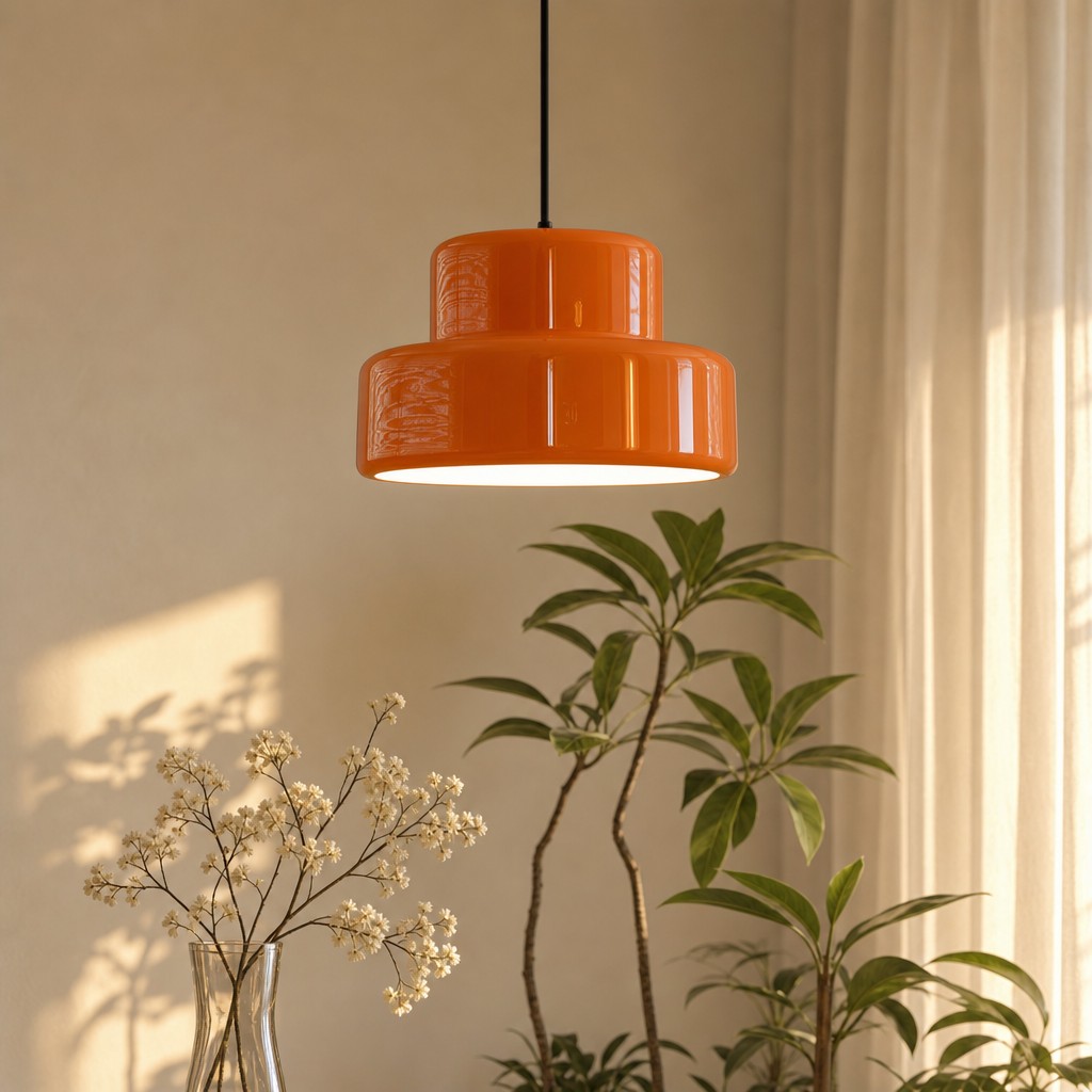 Orange Pendelleuchte neben Pflanzen