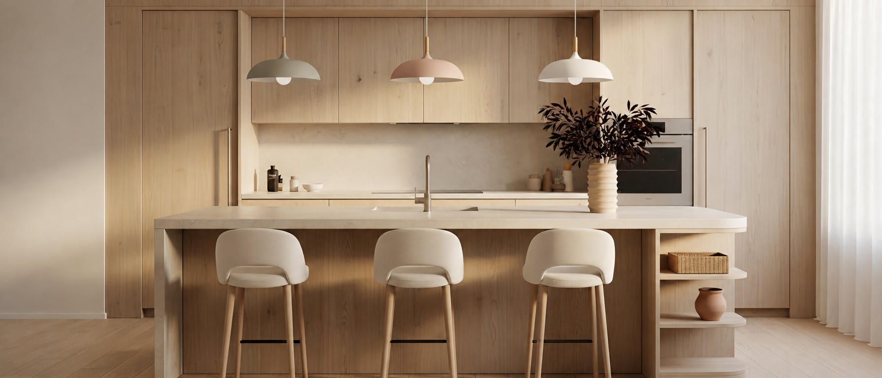 Scandinavian Design Nordic Oak Pendant Light in einer hellen Küche