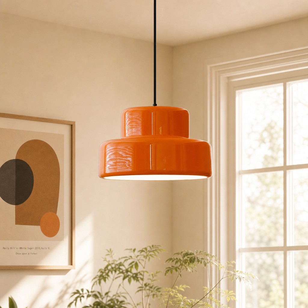 Orange Pendelleuchte in heller Fensternische