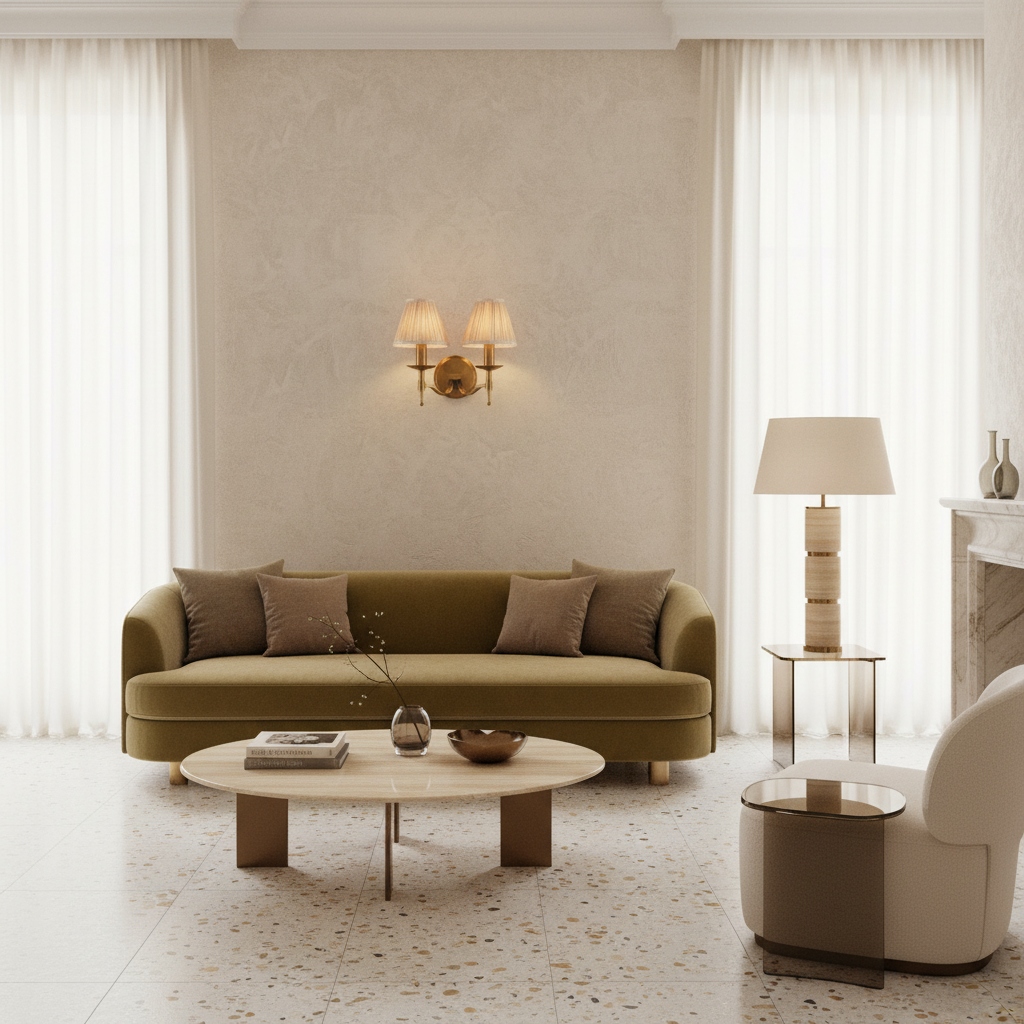 Tela wall sconce installed above a sofa in a living room