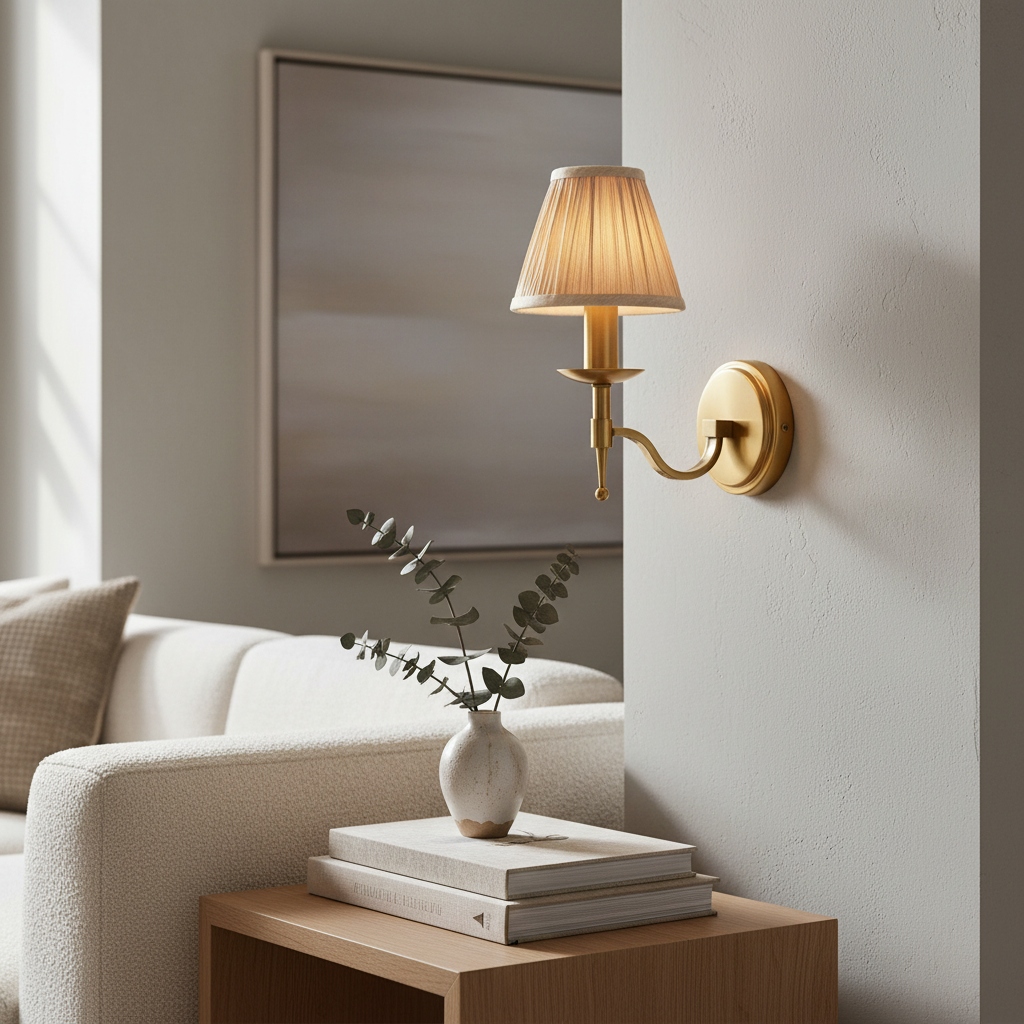 Tela wall sconce beside a sofa and side table