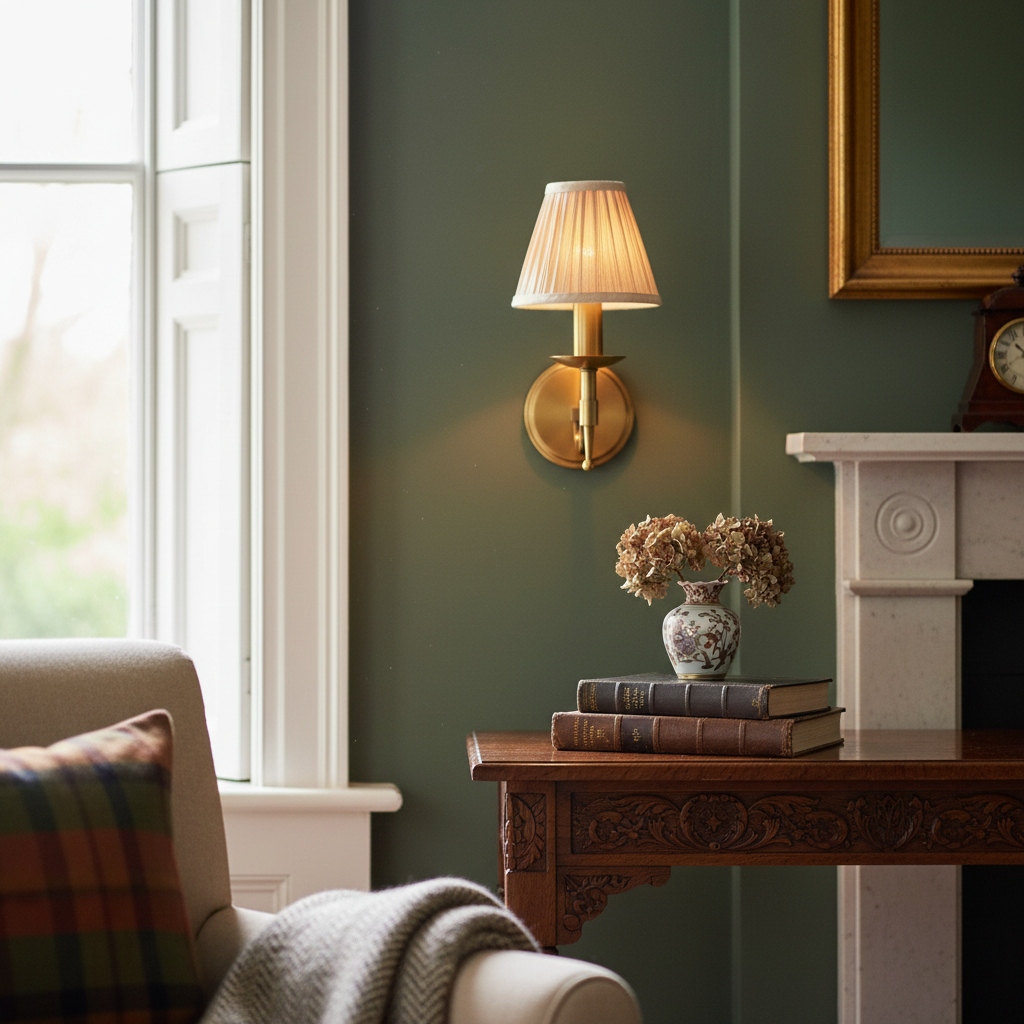 Tela wall sconce glowing beside a fireplace