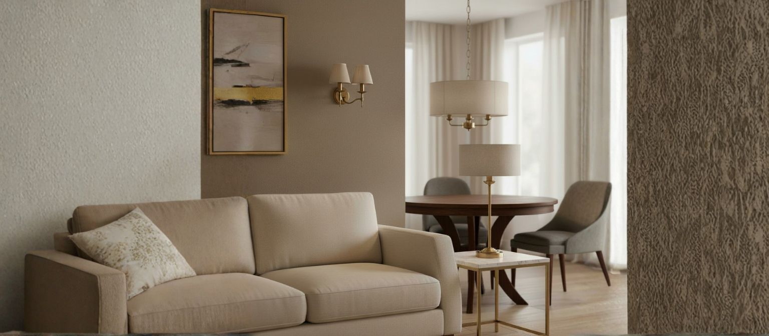 Tela series lighting in a coordinated living and dining space