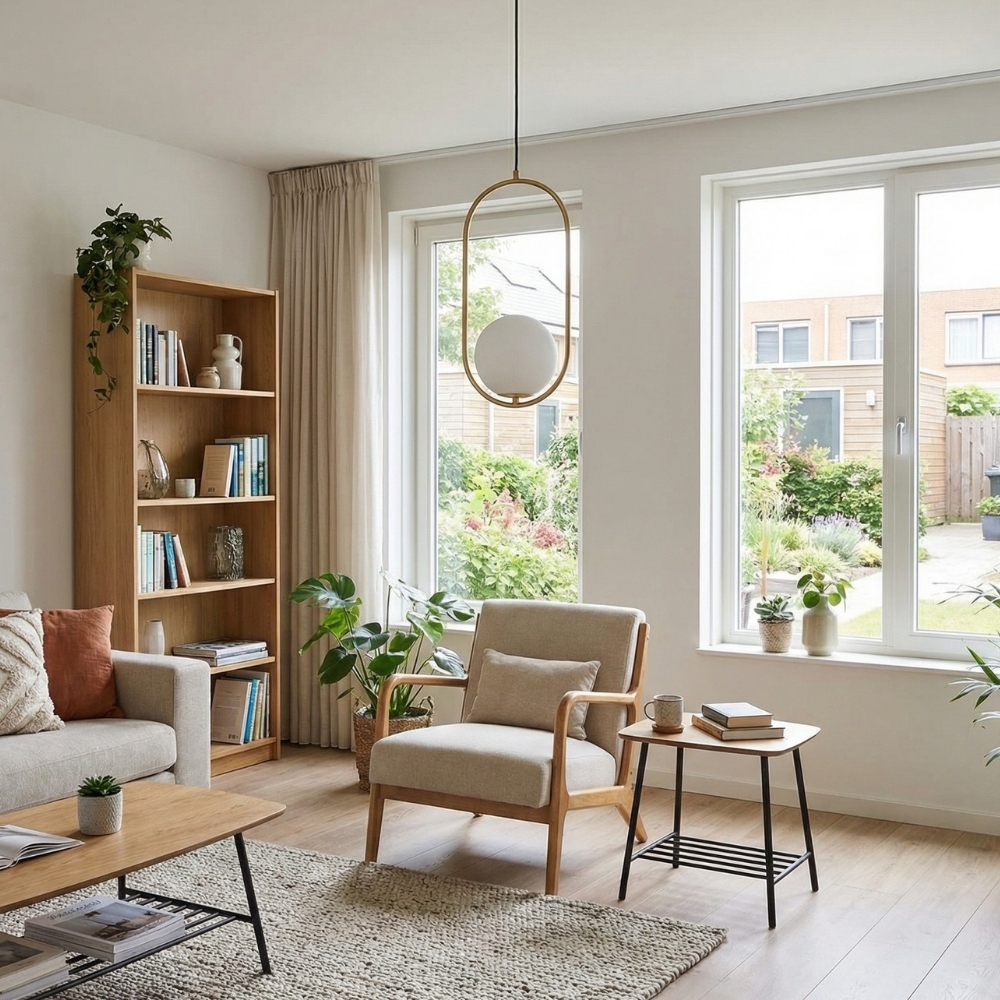 Kundenfoto der goldenen Pendelleuchte im Wohnraum