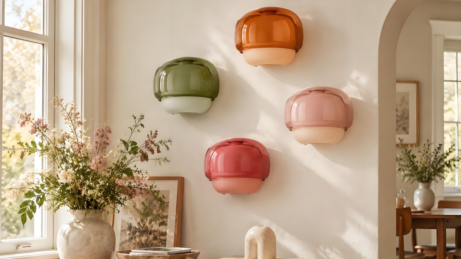 Clinco farbige Glaswandleuchten an einer Wand