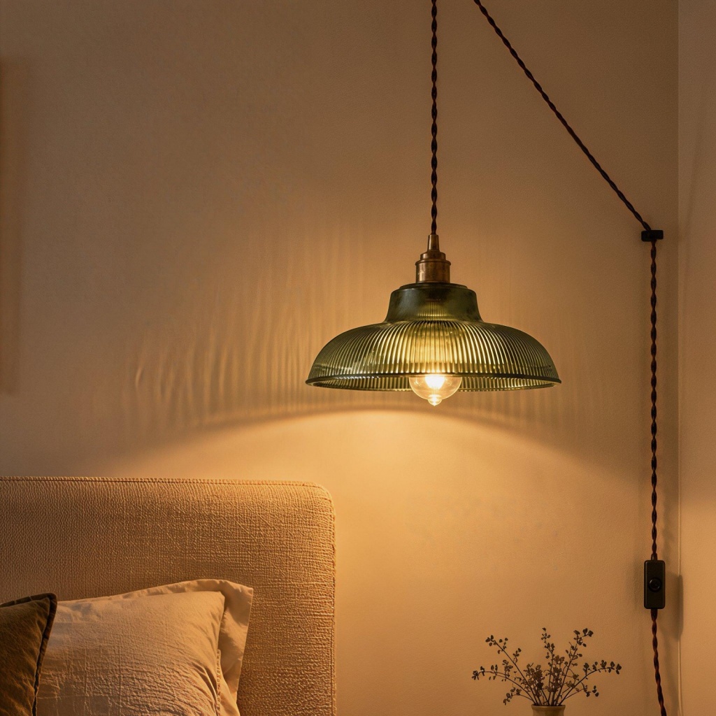 Vintage Ribbed Glass Shade Plug-in Swag Pendant Light