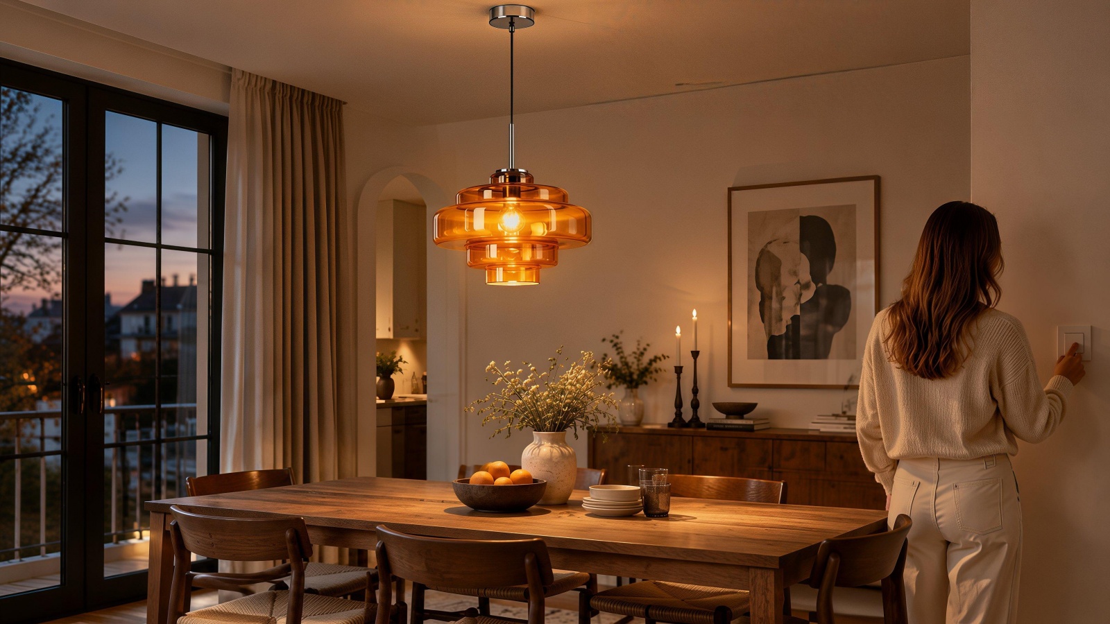Hardwired pendant installed above a permanent dining area