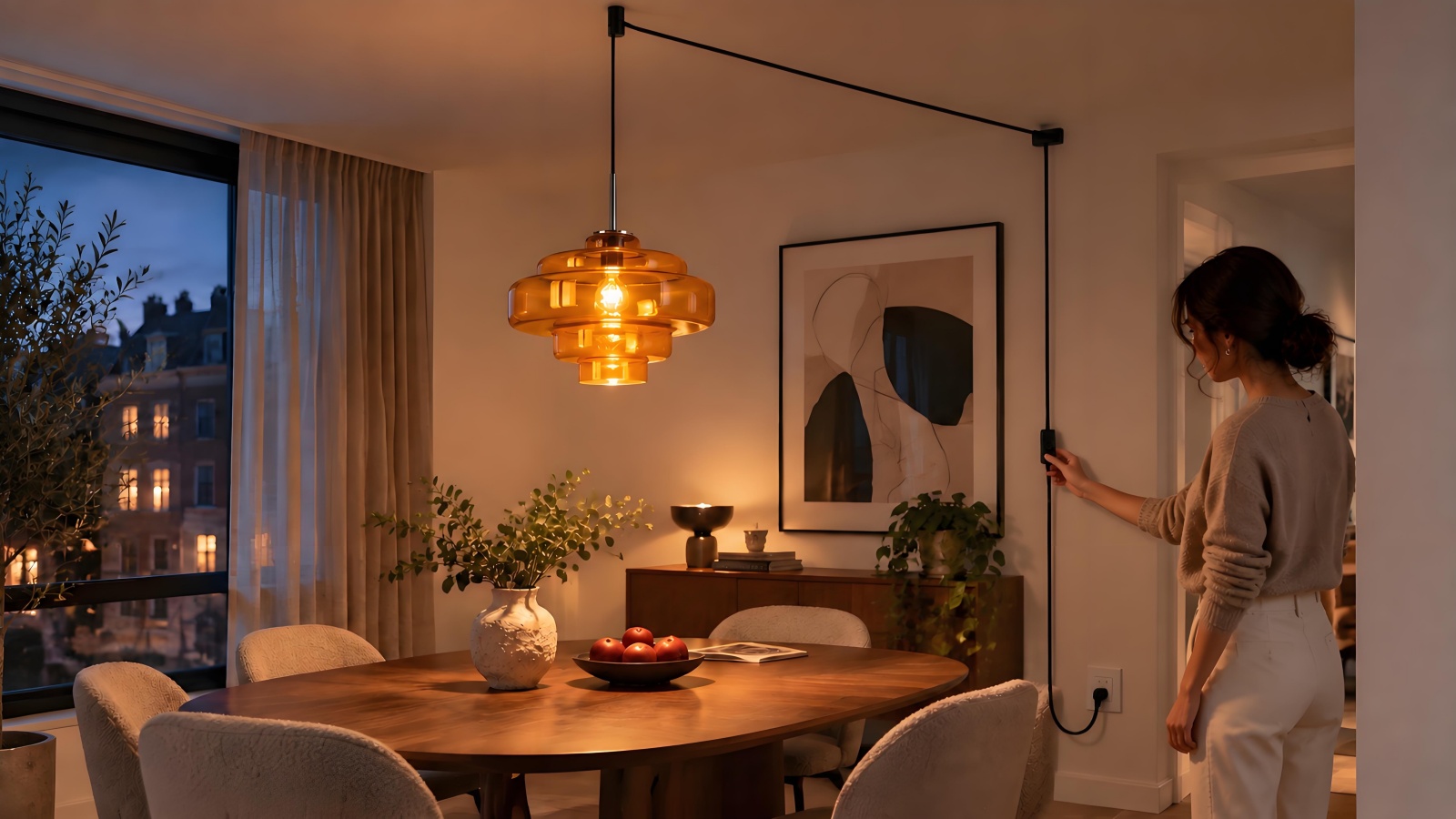 Plug-in pendant with visible cord, switch and wall plug