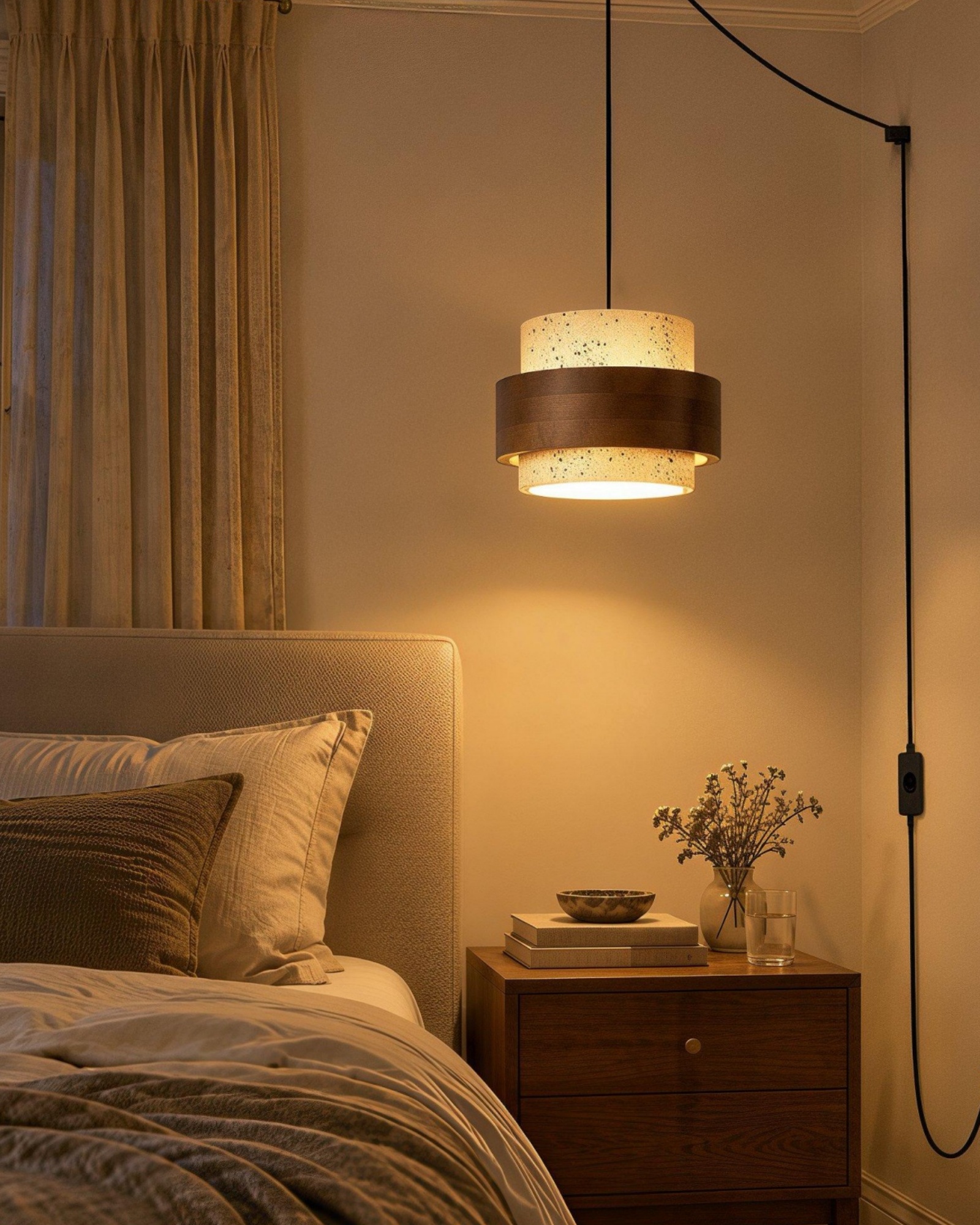 Travertine Walnut Cylindrical Plug-In Pendant