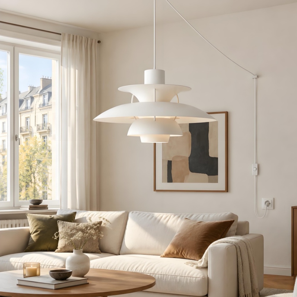 Pendant cord routed to a wall plug without ceiling wiring