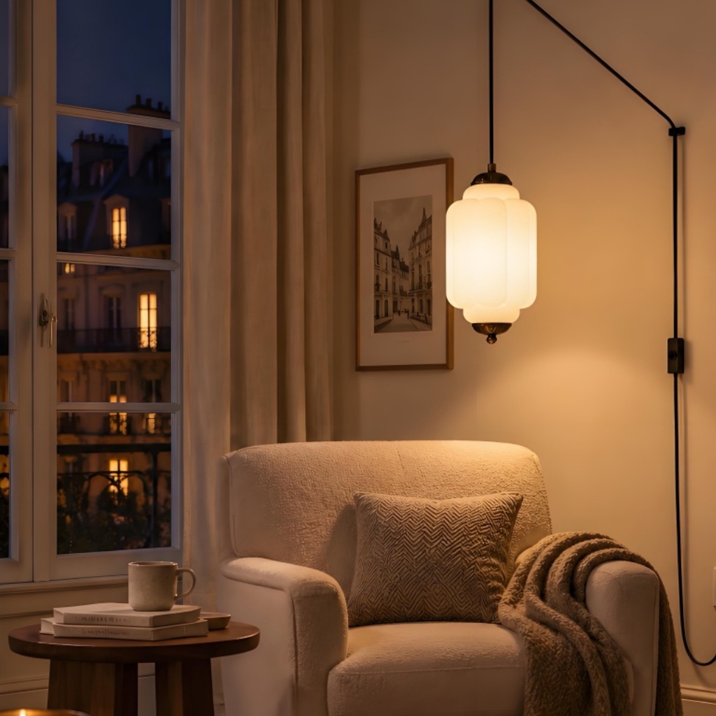 Plug-in pendant positioned over a seating area