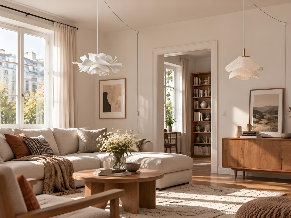 Plug-in pendant adding warmth beside a sofa
