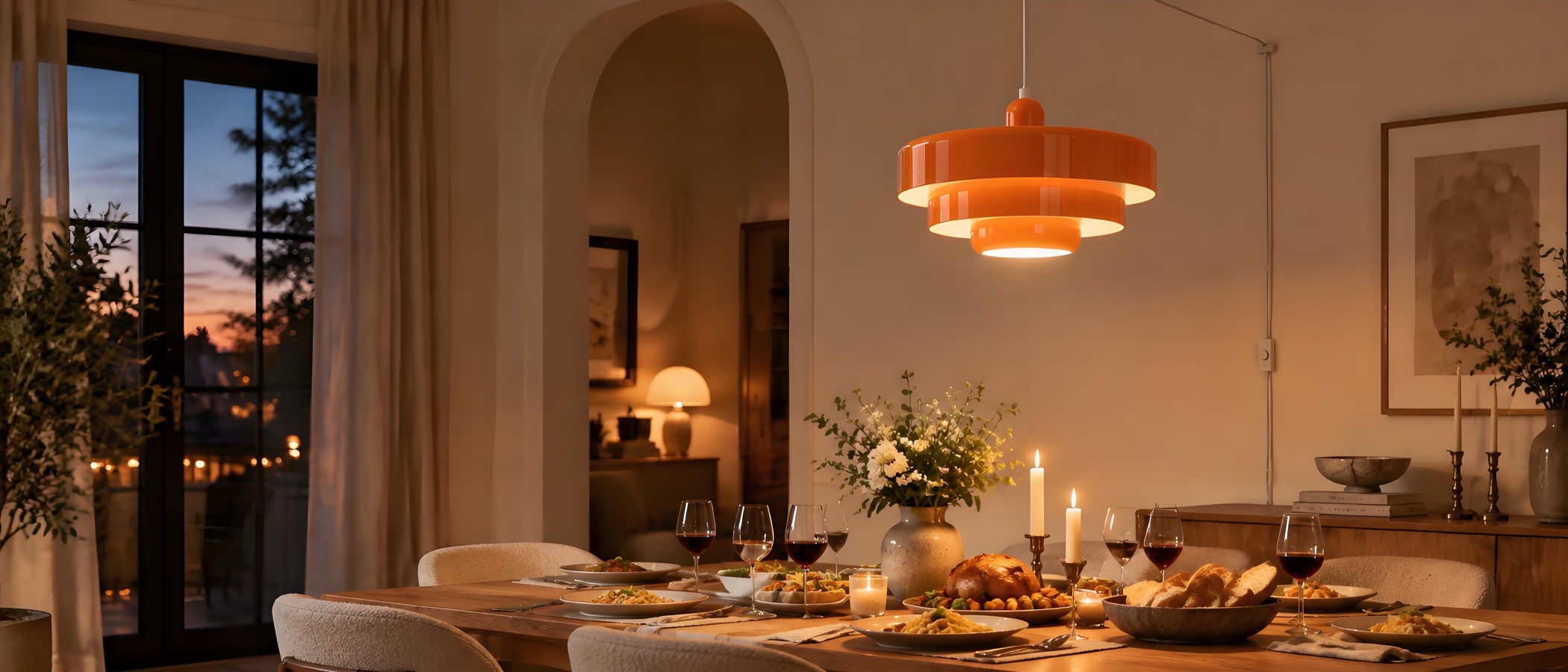 Plug-in pendant light glowing in a warm dining room at night