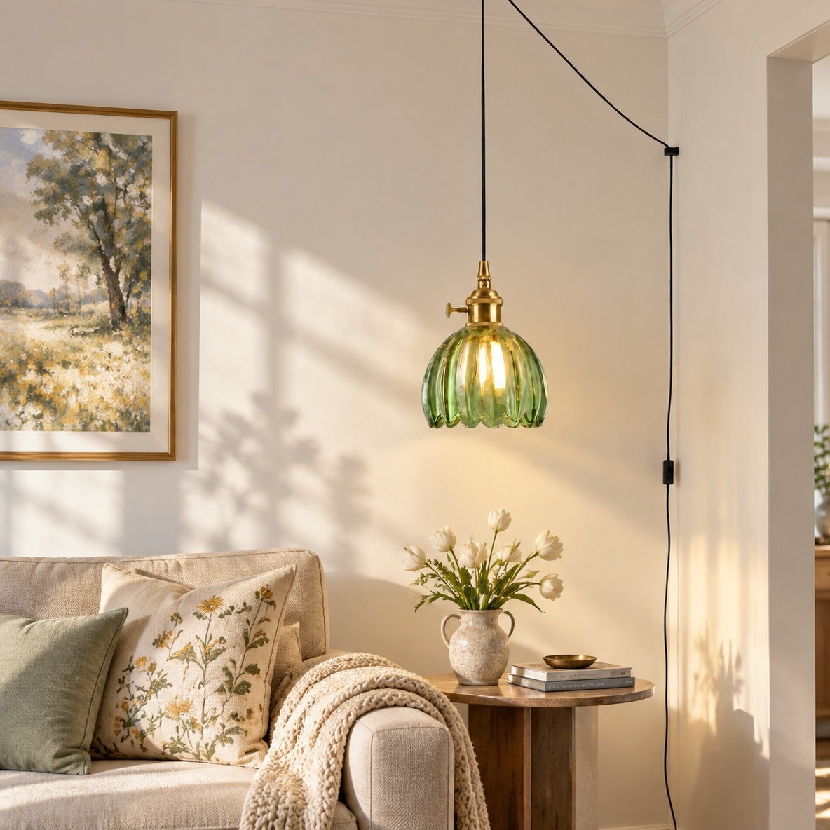 Vintage Blossom Glass Plug-In Pendant Light