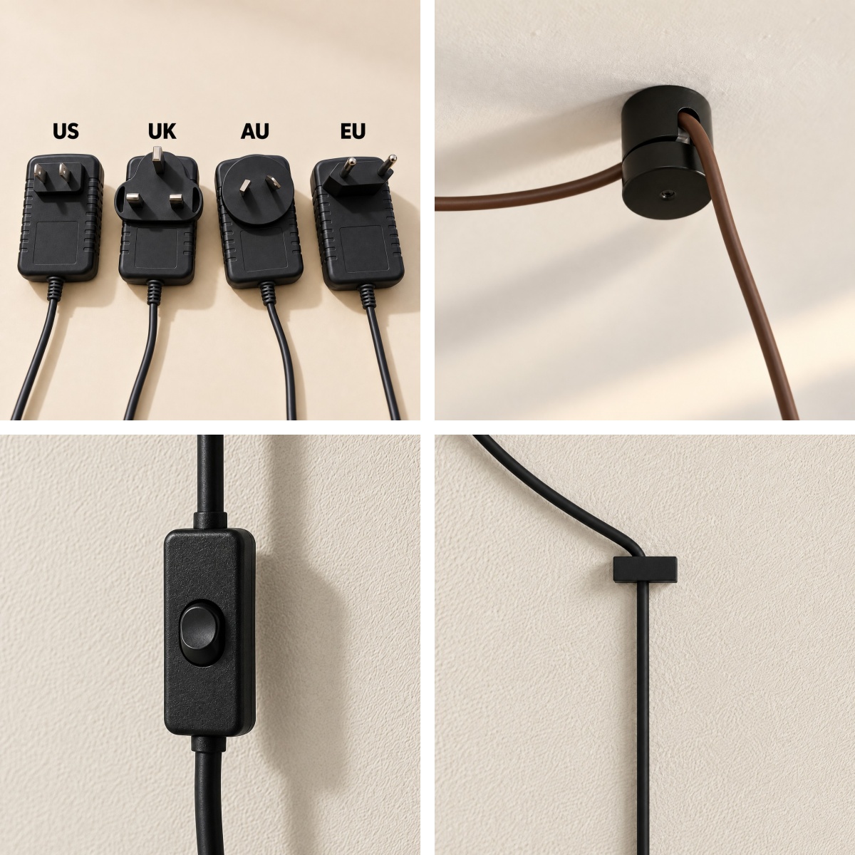 Plug-in pendant adapters, ceiling mount, inline switch and cable guide details
