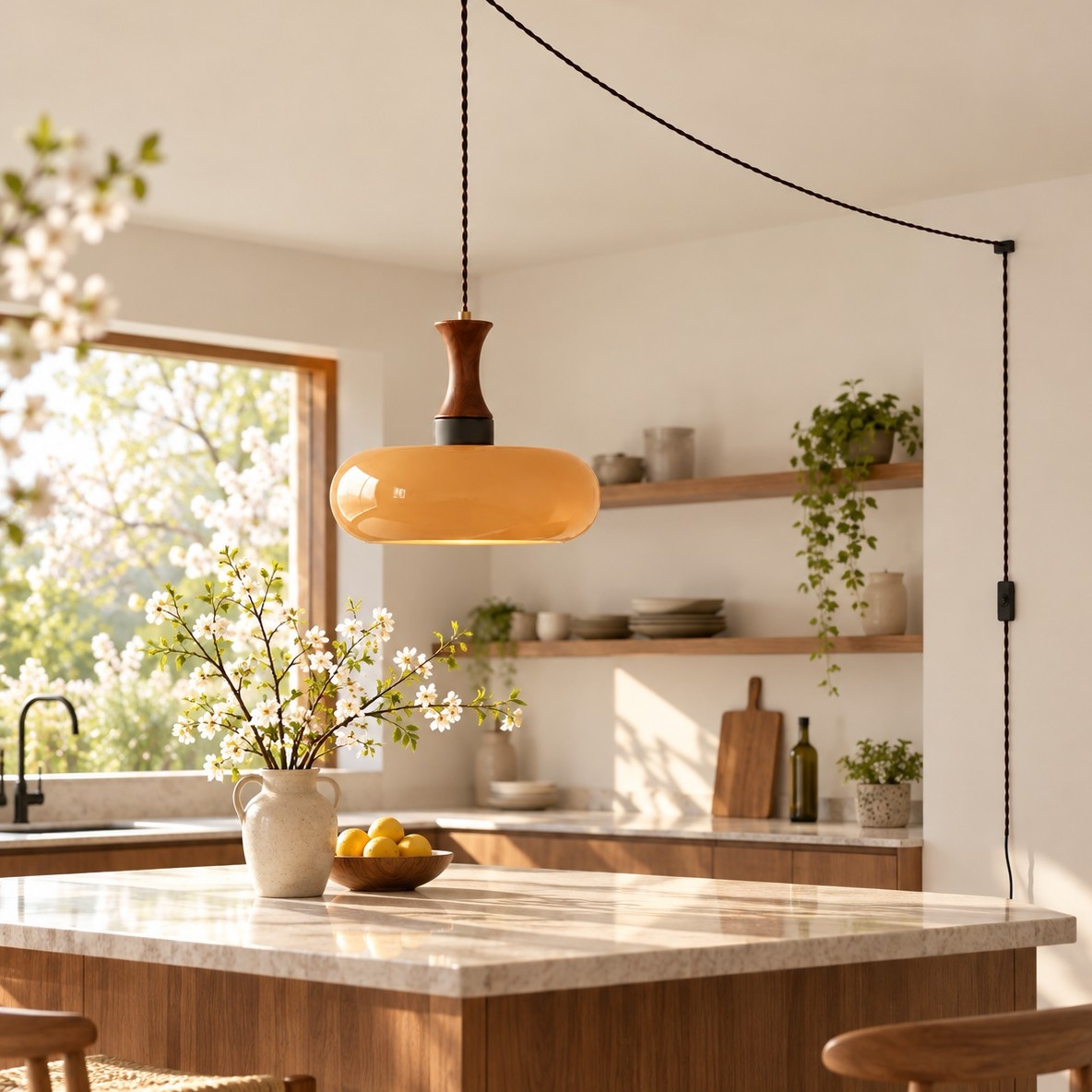 Velora Scandinavian Farmhouse Plug-In Pendant Lamp with Glass Shade
