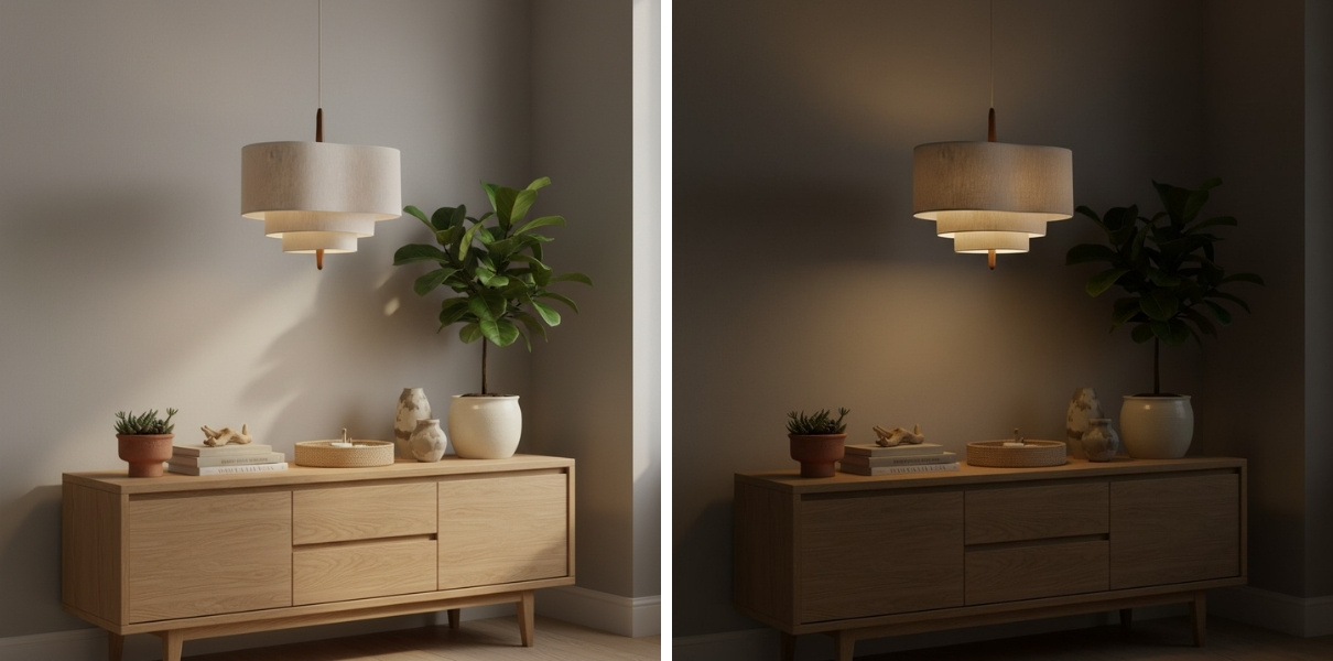 Vergleich der Softlume Pendelleuchte mit Licht an und aus