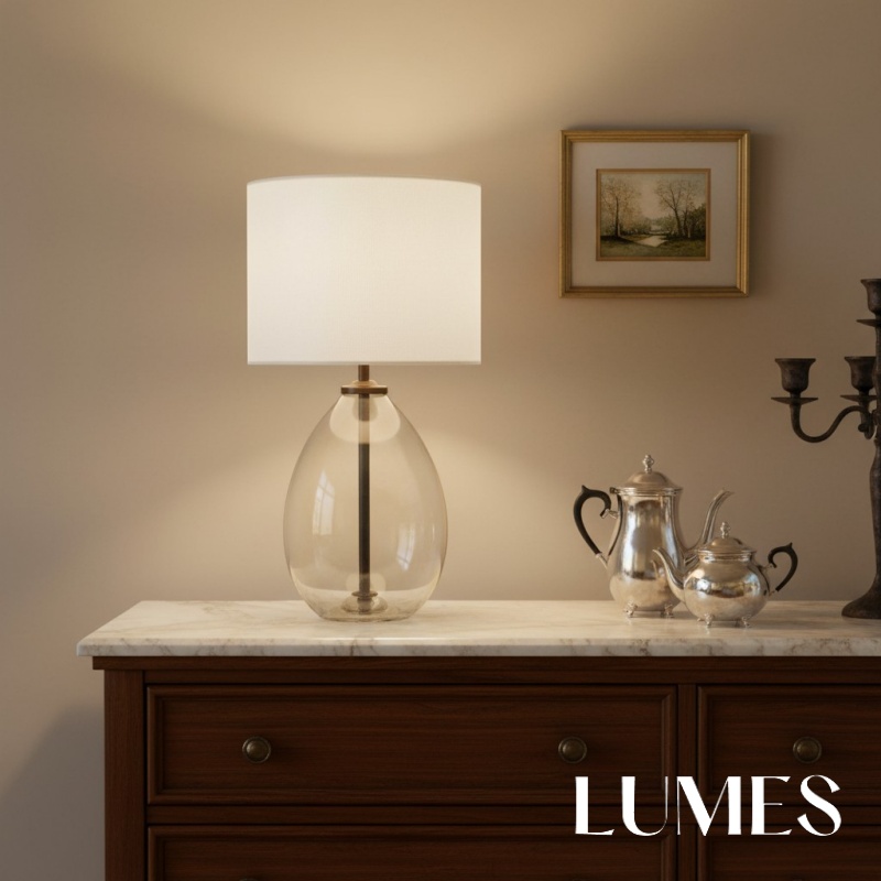 Sustaina lamp staged on a dresser